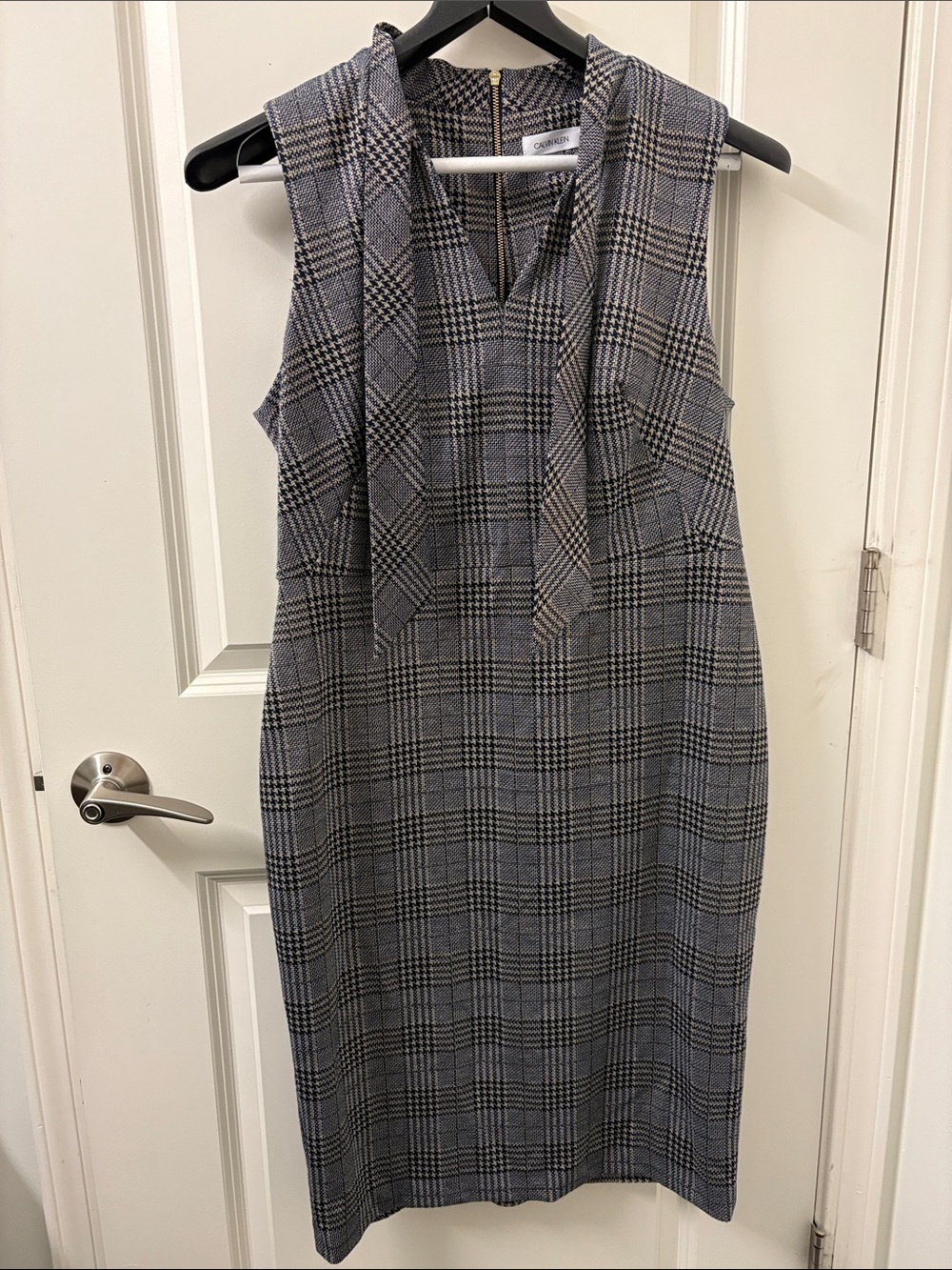 Calvin Klein Grey Plaid Sleeveless Sheath Dress with Neck Tie